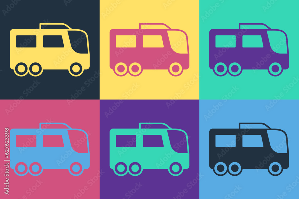 Pop art Bus icon isolated on color background. Transportation concept. Bus tour transport. Tourism or public vehicle symbol. Vector Pop art Bus icon isolated on color background. Transportation concept. Bus tour transport. Tourism or public vehicle symbol. Vector