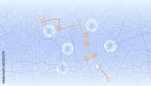 GPS navigator screen with street roads and location, destination points. City top view. Online navigation. Flat style, . Vector illustration. Abstract transportation background. View above.