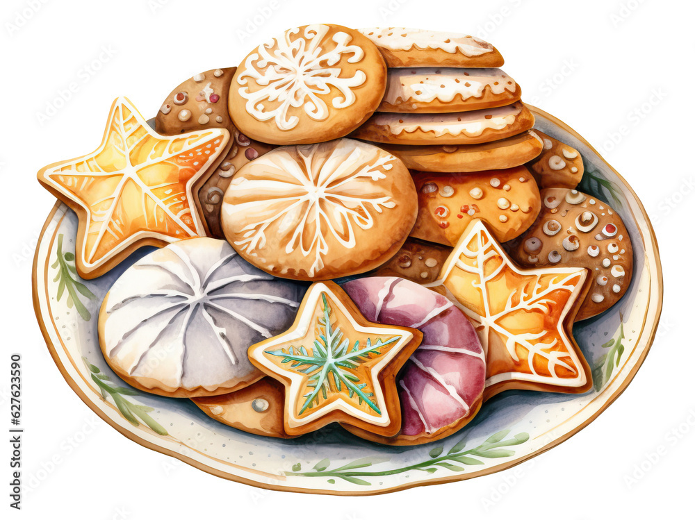 Watercolor illustration gingerbread cookies on a white plate isolated.