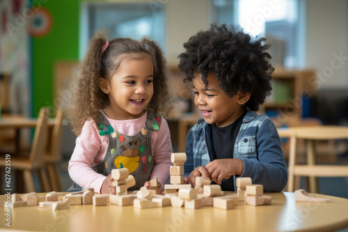 Boy and girl playing with wooden blocks. Generative AI.