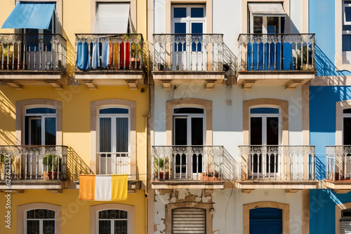 Exterior of apartment buildings with balconies building. Generative AI.