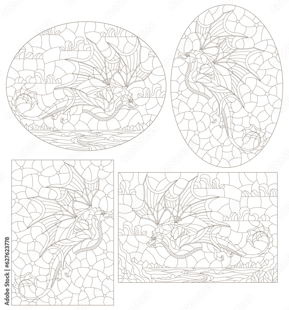 A set of contour illustrations in the style of stained glass with dragons, dark contours on a white background A set of contour illustrations in the style of stained glass with dragons, dark contours on a white background
