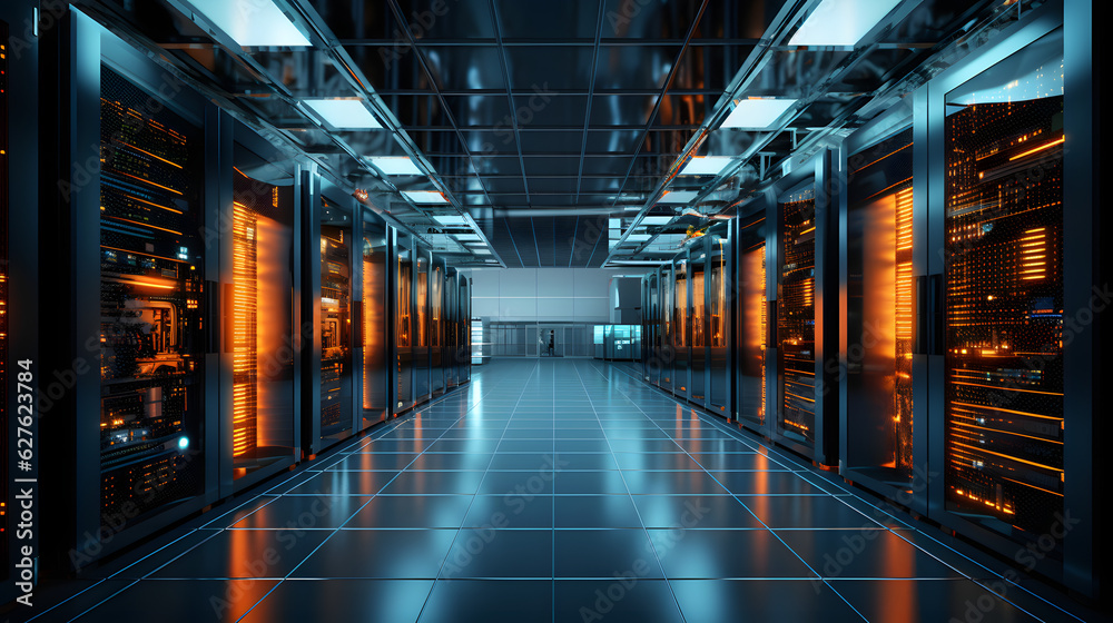 A high-tech data center sleek workstations, and a bright, inviting atmosphere. - expansive space, serense vibe, warm lighting. - Generative AI A high-tech data center sleek workstations, and a bright, inviting atmosphere. - expansive space, serense vibe, warm lighting. - Generative AI