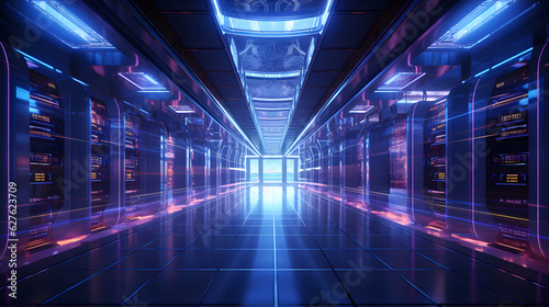 A high-tech data center sleek workstations, and a bright, inviting atmosphere. - expansive space, serense vibe, purple and blue glow. - Generative AI