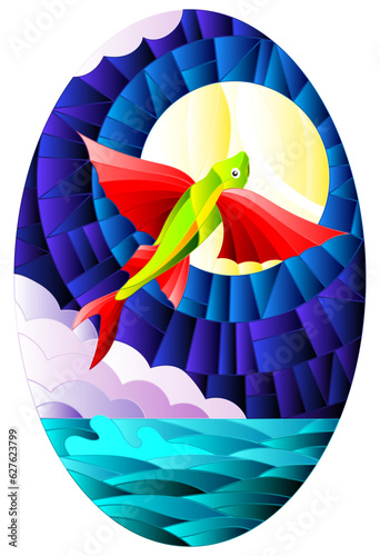 Illustration in stained glass style with a flying fish on the background of water ,cloud, night sky and moon
