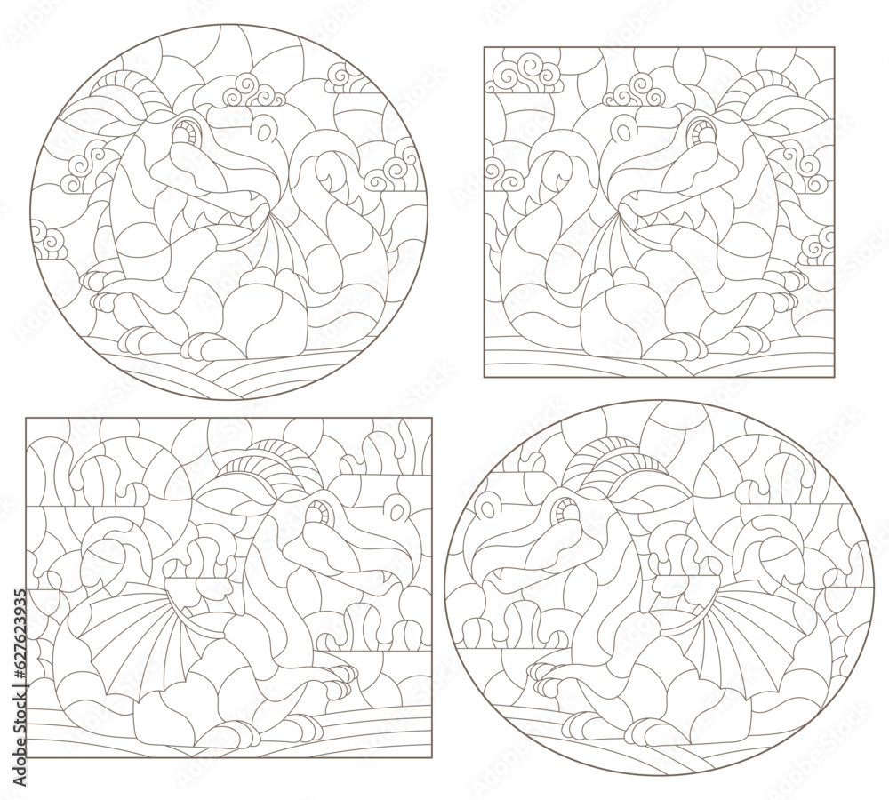 A set of contour illustrations in the style of stained glass with cute cartoon dragons, dark contours on a white background