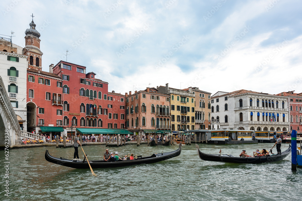 Venice, Italy - June 30, 2023: Canal Grande with Rialto Bridge in Venice.