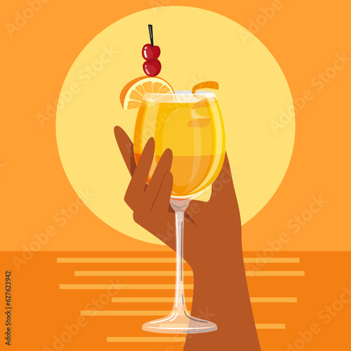 Cocktail in hand against the backdrop of sunset, sky and sea. Vector illustration. Summer card, banner, flyer, illustration for prints.