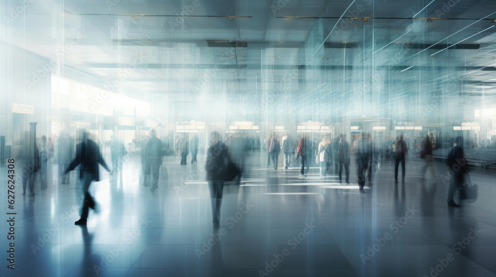 Blurred people walking in a modern hall background banner