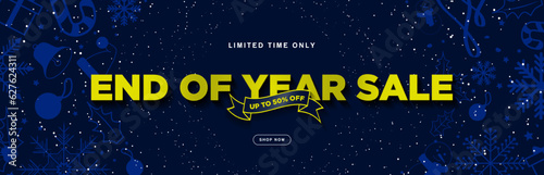 End of Year Sale Typographic Text Sales Banner with up to 50% off discount tag and shop now CTA button on midnight blue background. Blue Christmas elements. Editable Vector Illustration. EPS 10.