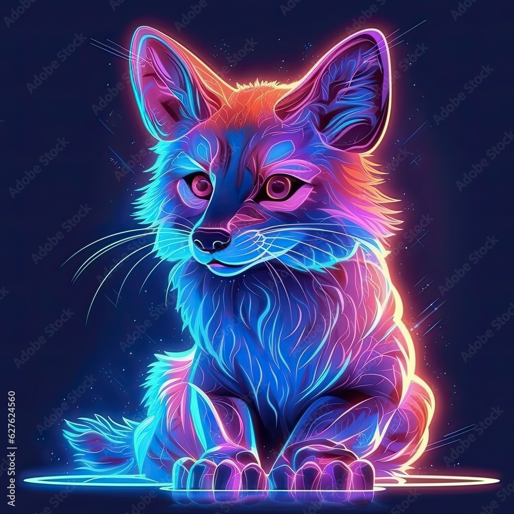Cute Red fo animal in neon style. Portrait of glow light animal. Generative AI