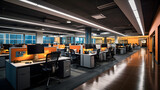 A call center - office - sleek workstations, and a bright, inviting atmosphere. Expansive space, serense vibe. Computers, bureau, data. - Generative AI