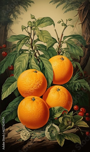 Citrus fruits fruits vintage art illustration. Natural eco food design. Generative AI