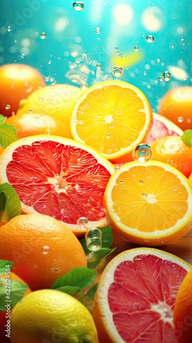 Fresh ripe Citrus fruits illustration. Natural food colorful background. Generative AI