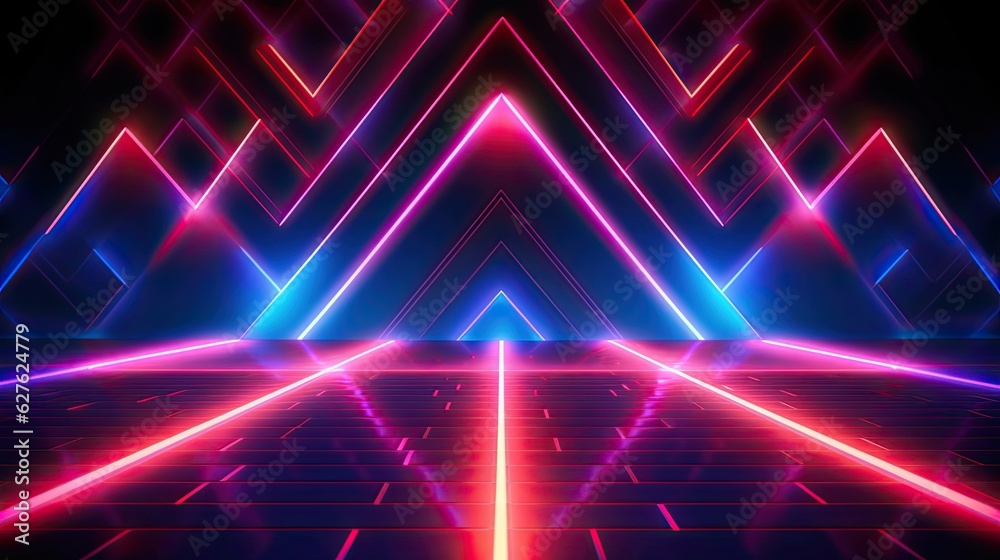 A neon-streaked dance floor stage surrounded by walls of light, pulsing in sync with the music, igniting an electric atmosphere. Abstract futuristic neon light background. Generative AI