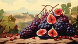 Figs fruits vintage art illustration. Natural eco food design. Generative AI