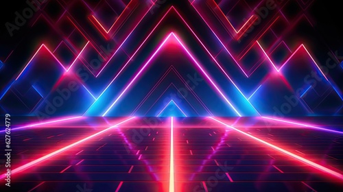 A neon-streaked dance floor stage surrounded by walls of light, pulsing in sync with the music, igniting an electric atmosphere. Abstract futuristic neon light background. Generative AI