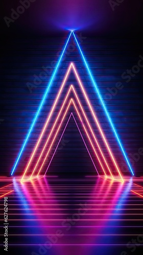 A neon light stage adorned with glowing pentagonal prisms, creating a mesmerizing interplay of light and shadow. Abstract futuristic neon light background. Generative AI © tanyastock