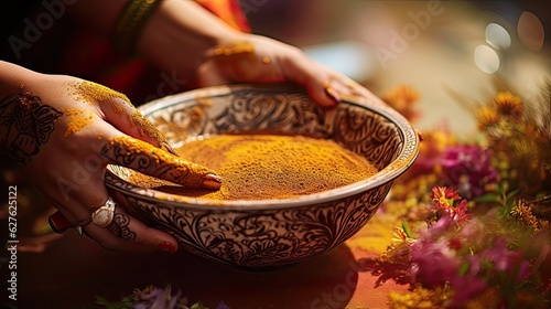 Dry henna powder in bowls in female hands. Authentic traditional background