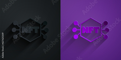 Paper cut NFT Digital crypto art icon isolated on black on purple background. Non fungible token. Paper art style. Vector