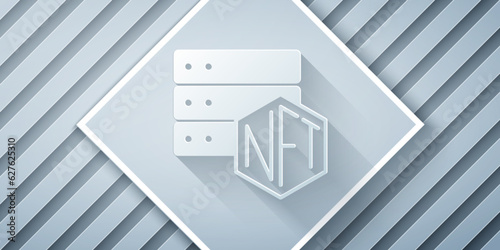 Paper cut NFT blockchain technology icon isolated on grey background. Non fungible token. Digital crypto art concept. Paper art style. Vector