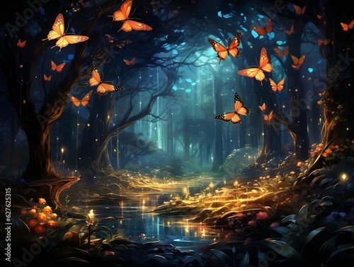 illustration painting with magical glowing night butterflies in the forest generative ai