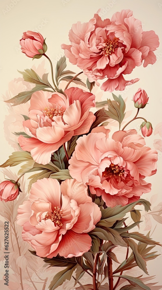 Peony flower illustration. Floral vintage greeting card background. Generative AI