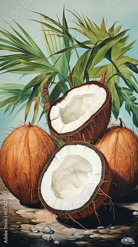 Coconuts fruits vintage art illustration. Natural eco food design. Generative AI