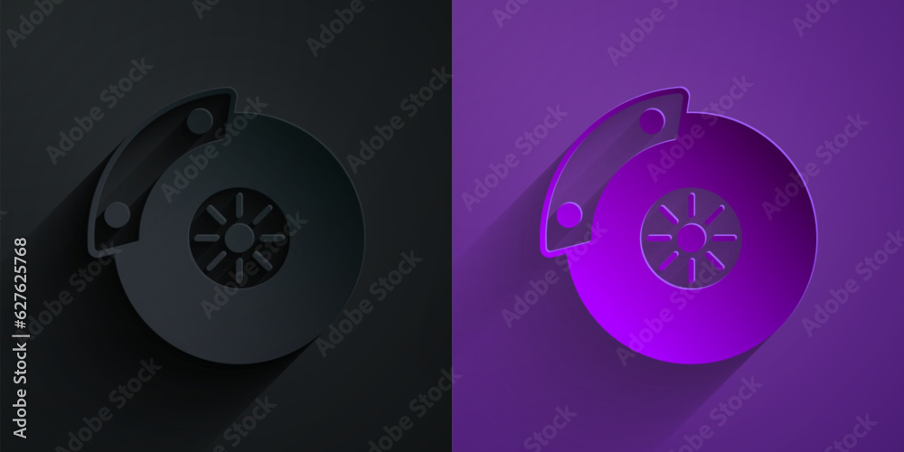 Paper cut Car brake disk with caliper icon isolated on black on purple background. Paper art style. Vector Paper cut Car brake disk with caliper icon isolated on black on purple background. Paper art style. Vector