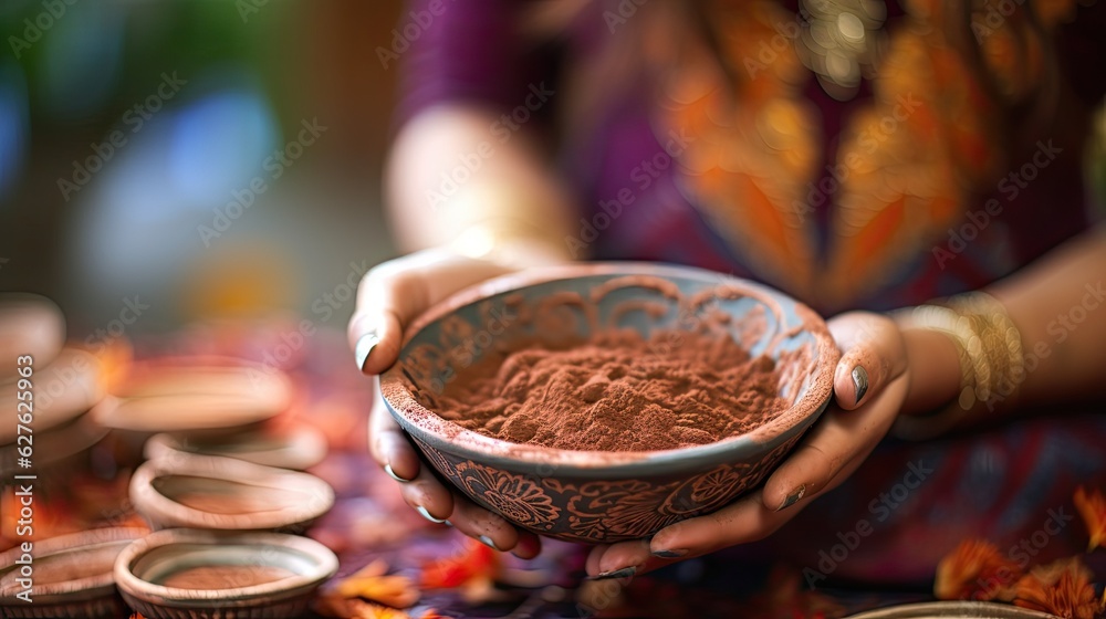 Hands holding a clay bowl with spices. Traditional Asian or Arabic market.