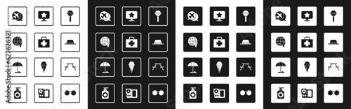 Set Lollipop, First aid kit, Globe with flying plane, Speech bubble airplane, Man hat ribbon, Map pointer star, Picnic table benches and Sun protective umbrella for beach icon. Vector