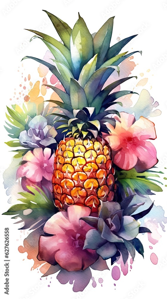 Watercolor style Pineapple fruit in colorful style illustration. Natural food painting art. Generative AI