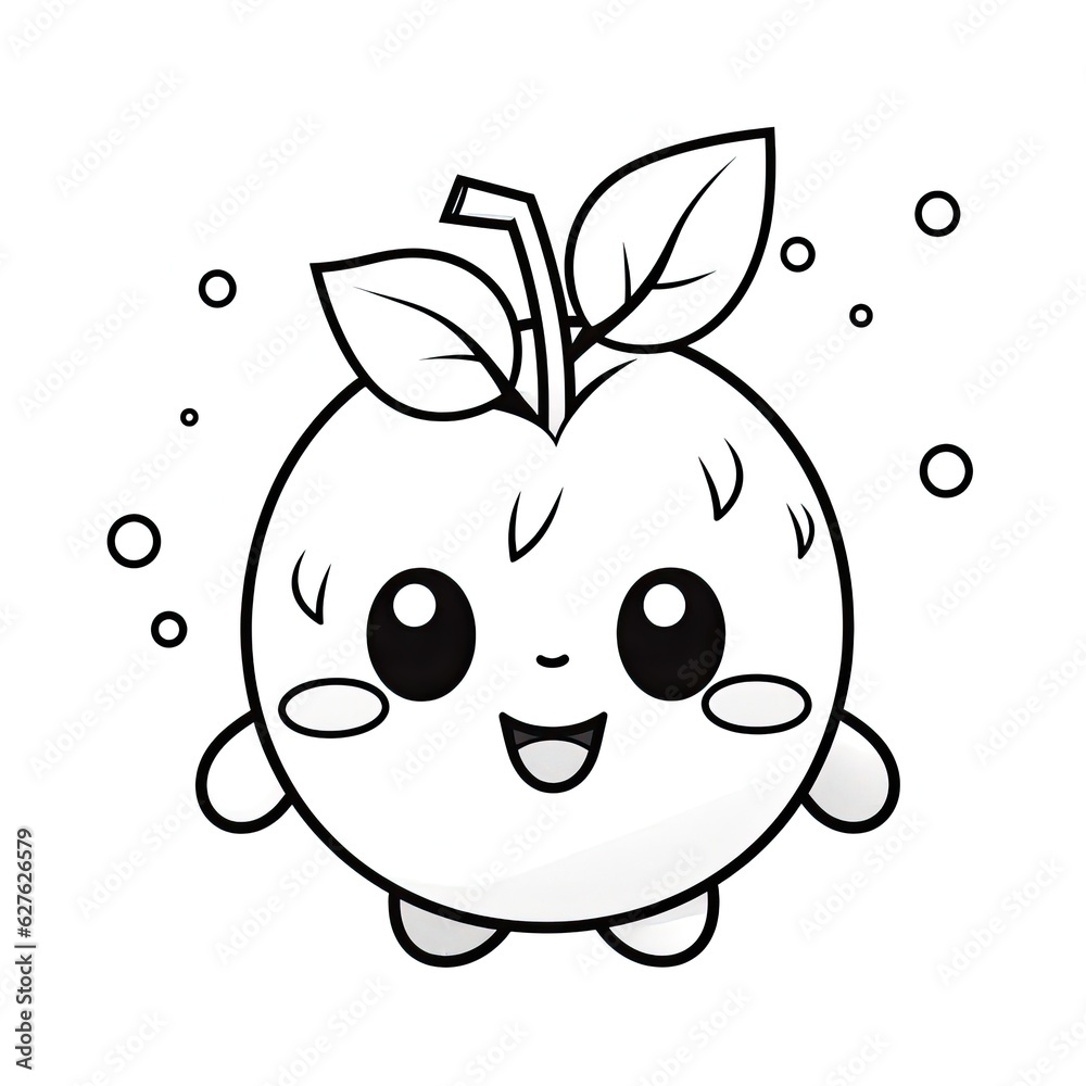 Obraz premium Kawaii style Plum fruit character in coloring page style illustration. Line art painting. Generative AI