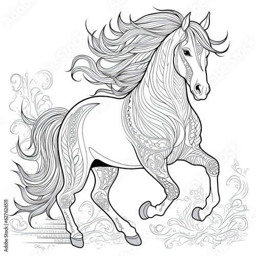 Stallion horse animal line art illustration. Black and white coloring page style art. Generative AI