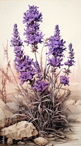 Lavender flower illustration. Floral vintage greeting card background. Generative AI