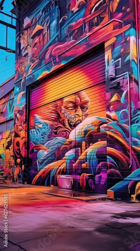 A vibrant graffiti mural with bold colors and expressive urban art. Colorful illustration art. Generative AI © tanyastock