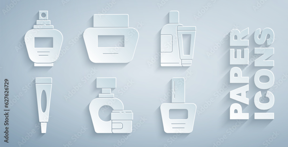 Set Cream or lotion cosmetic tube, Nail polish bottle, and Perfume icon. Vector