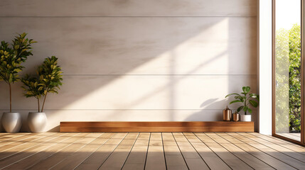 Empty room of modern contemporary loft with plants on wooden floor. Generative AI