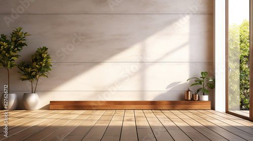 Empty room of modern contemporary loft with plants on wooden floor. Generative AI photo