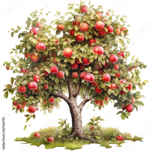 Red apple tree with fruits, garden fruit trees watercolor illustration isolated with a transparent background, Orchard graphic design