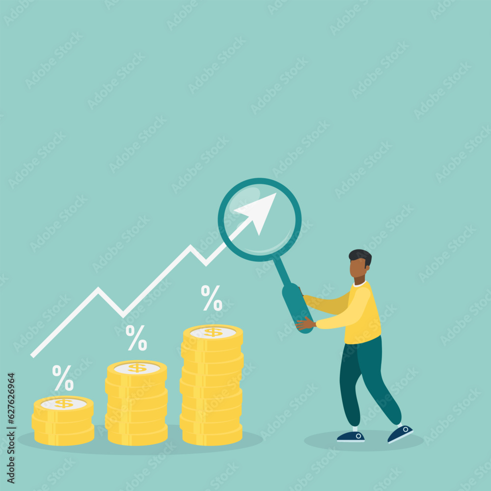 Businessman hold magnifying with pile of coins symbol. Interest rate hike due to inflation percentage rising up. Flat vector illustration.
Businessman hold magnifying with pile of coins symbol. Interest rate hike due to inflation percentage rising up. Flat vector illustration.