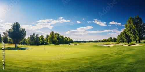 Panoramic view of Golf Course. Golf field with a rich green turf beautiful scenery. Generative AI