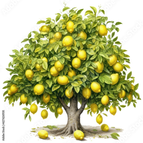Lemon tree with fruits, garden citrus fruit trees watercolor illustration isolated with a transparent background, Orchard graphic design