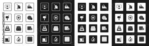 Set Delivery tracking, security with shield, Mail box, Shopping cart on computer, Worldwide shipping and, Hand truck boxes, Wooden check mark and Weight icon. Vector