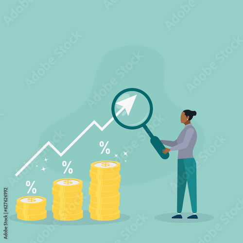 Businesswoman hold magnifying with pile of coins symbol. Interest rate hike due to inflation percentage rising up. Flat vector illustration. 
