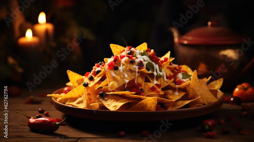 Nachos. Crispy tortilla chips topped with melted cheddar cheese, salsa. AI