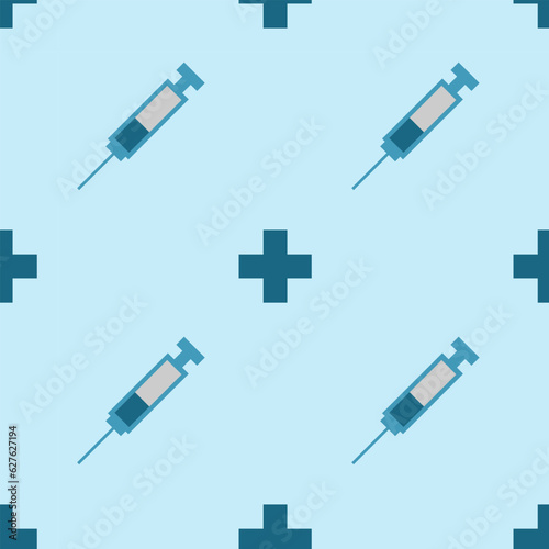 Medical syringe, seamless pattern, vector. Medical syringe on a blue background.