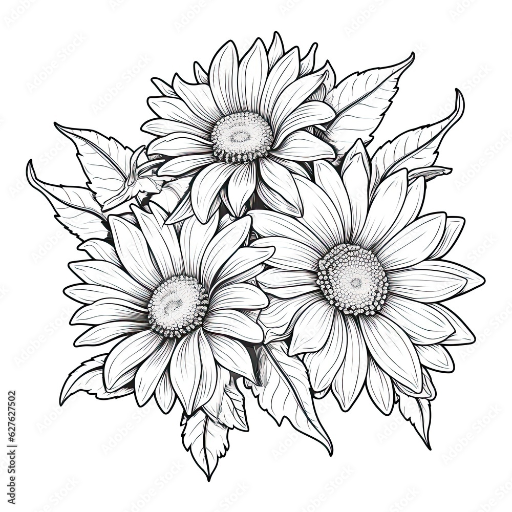Cute Sunflower flower in coloring page style illustration. Line art painting. Generative AI