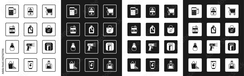 Set Shopping cart, Bottle for cleaning agent, of olive oil, POS terminal with credit card, bag recycle, Fish plastic tray container, Fire exit and Spice can icon. Vector Set Shopping cart, Bottle for cleaning agent, of olive oil, POS terminal with credit card, bag recycle, Fish plastic tray container, Fire exit and Spice can icon. Vector