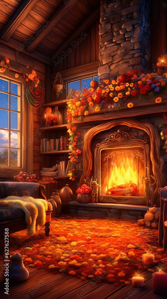 A cozy fireplace in a rustic cabin with crackling flames and warm, inviting decor. Colorful illustration art. Generative AI